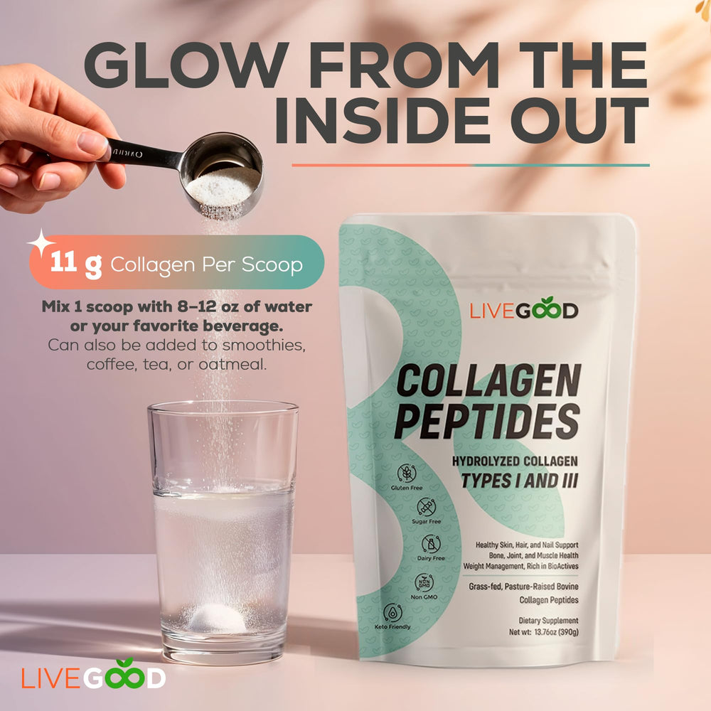LIVEGOOD Collagen powder on countertop with berries for hydration and recovery.