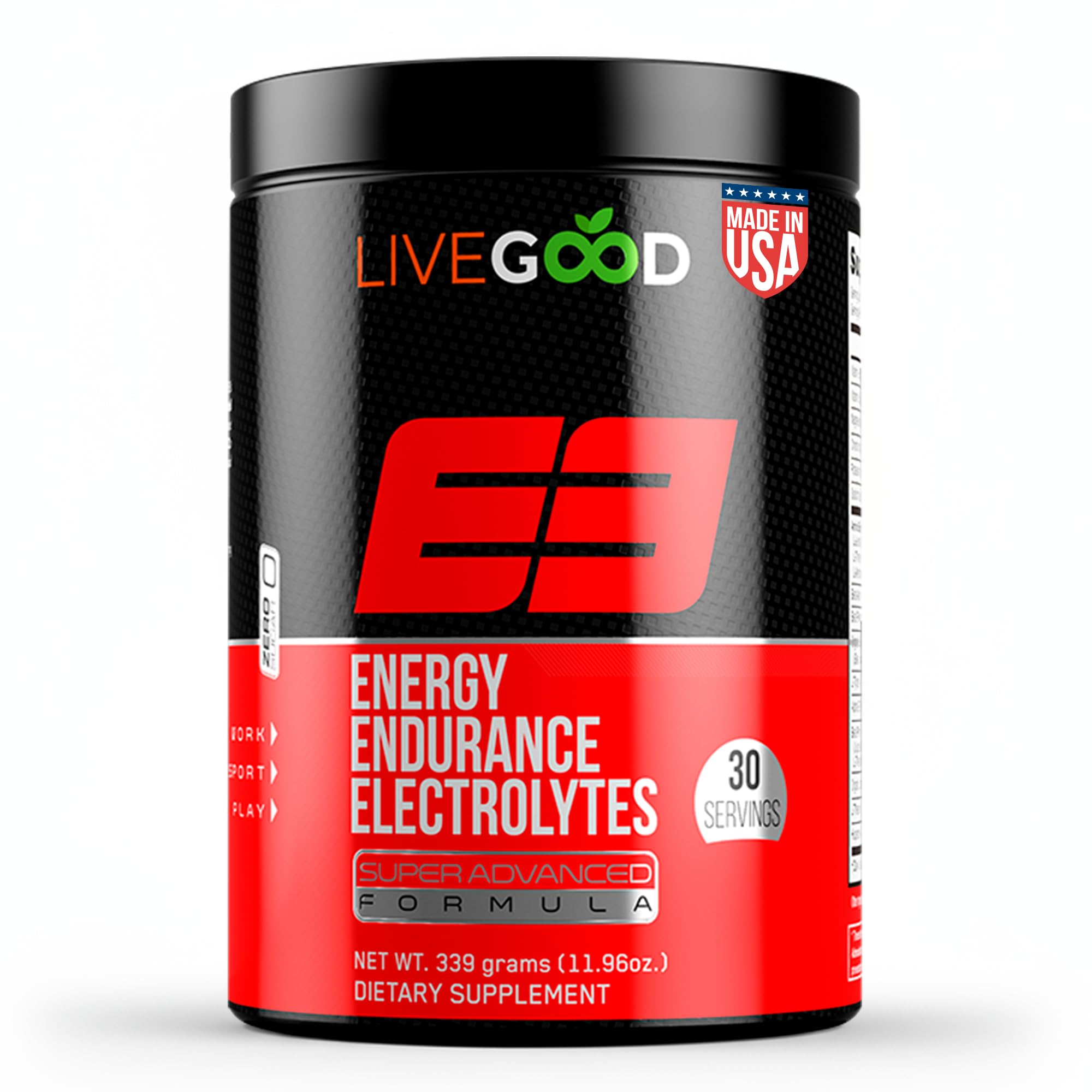 LIVEGOOD E3 preworkout bottle highlighting hydration and energy for workouts