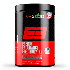 LIVEGOOD E3 preworkout bottle highlighting hydration and energy for workouts