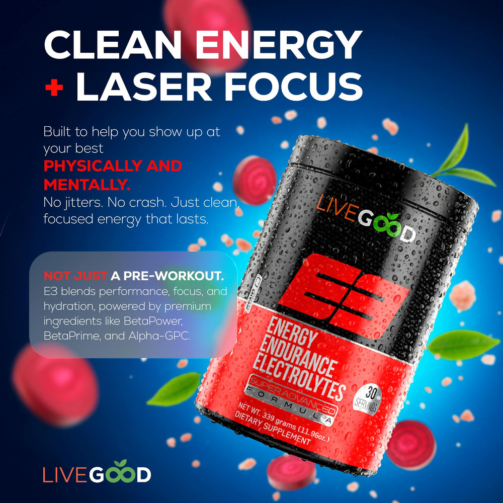 LIVEGOOD E3 ingredients closeup showing BCAA and EAAs for muscle fuel