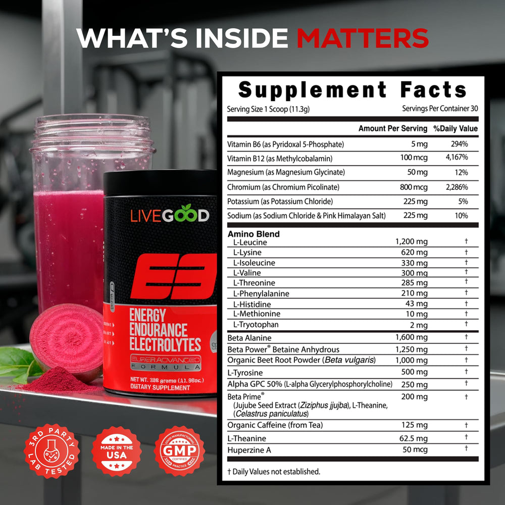 LIVEGOOD E3 label closeup emphasizing premium quality ingredients