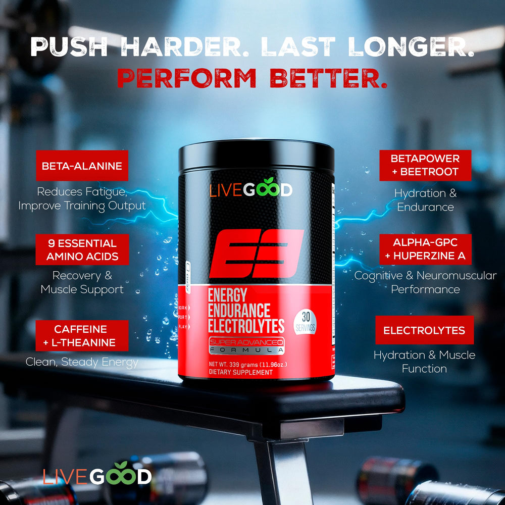 LIVEGOOD E3 mixing in water for quick, smooth hydration