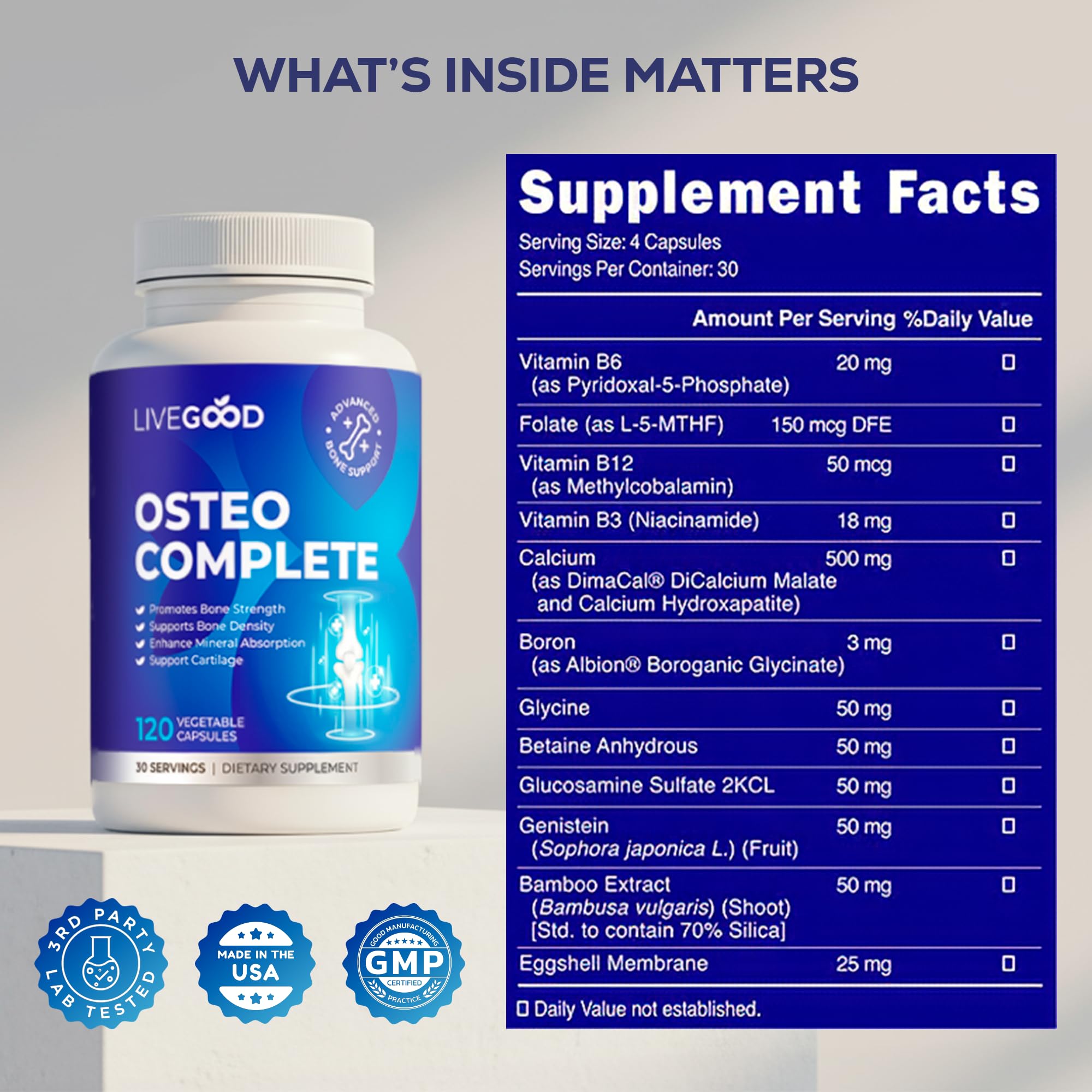 Back label of LiveGood Osteo Complete bottle detailing supplement facts and ingredients