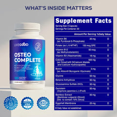 Back label of LiveGood Osteo Complete bottle detailing supplement facts and ingredients