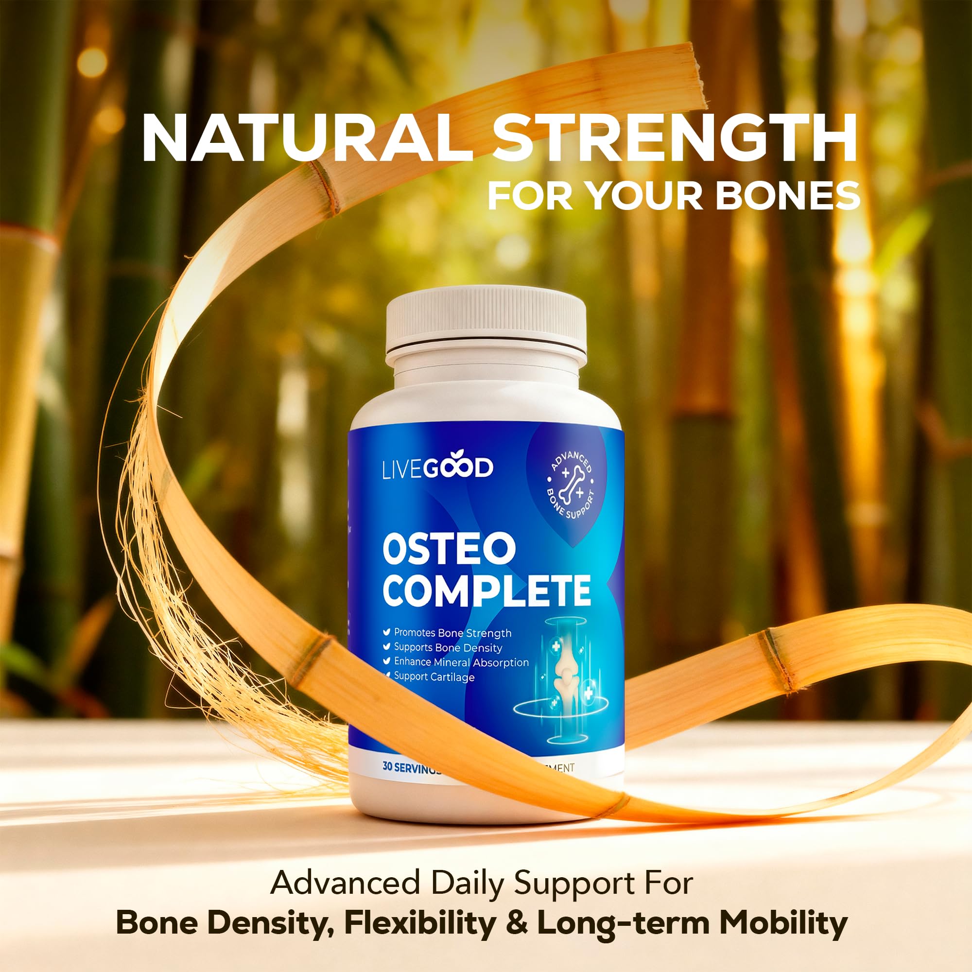 Close up of LiveGood Osteo Complete capsules highlighting easy to swallow vegetable form