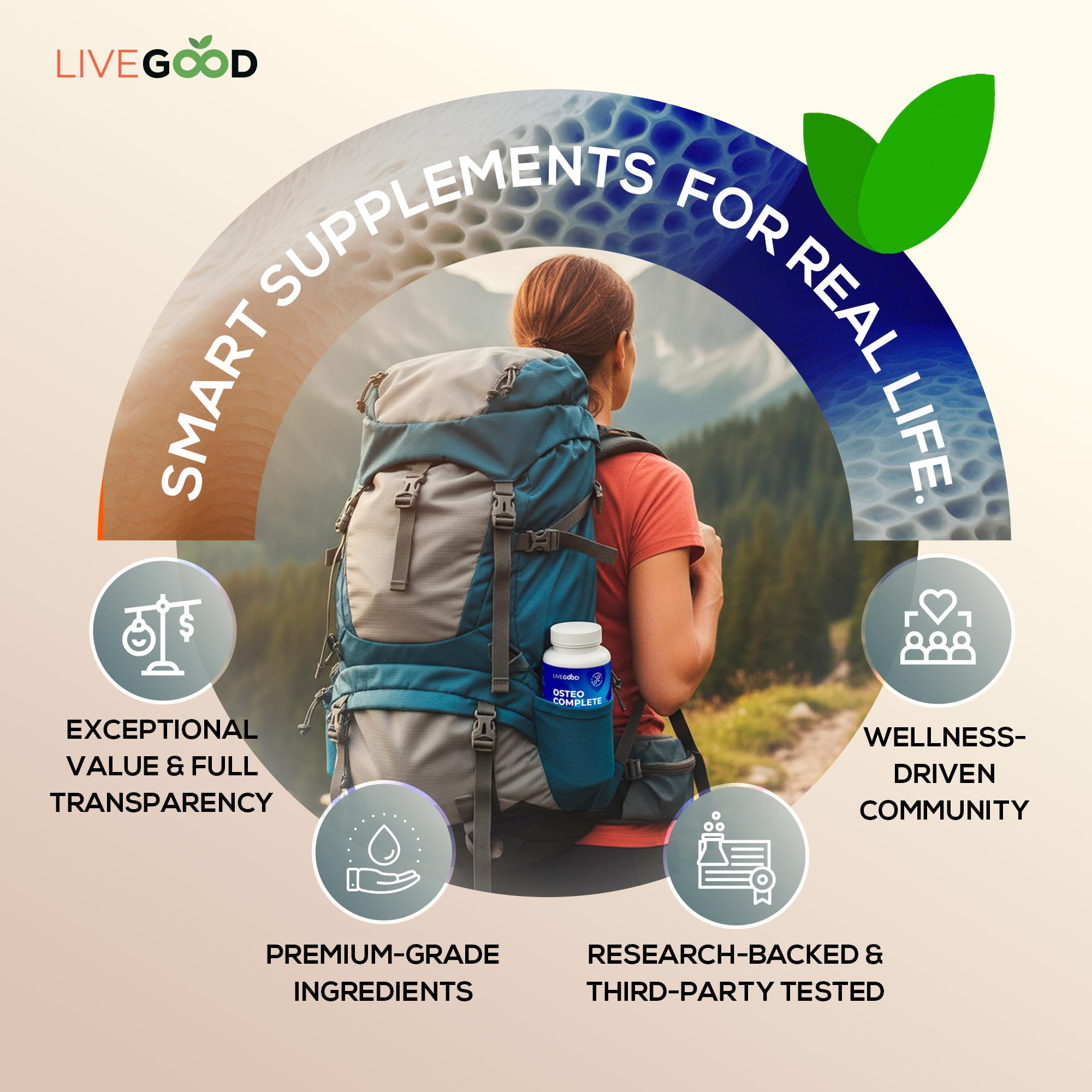 Lifestyle scene with an active adult using LiveGood Osteo Complete daily