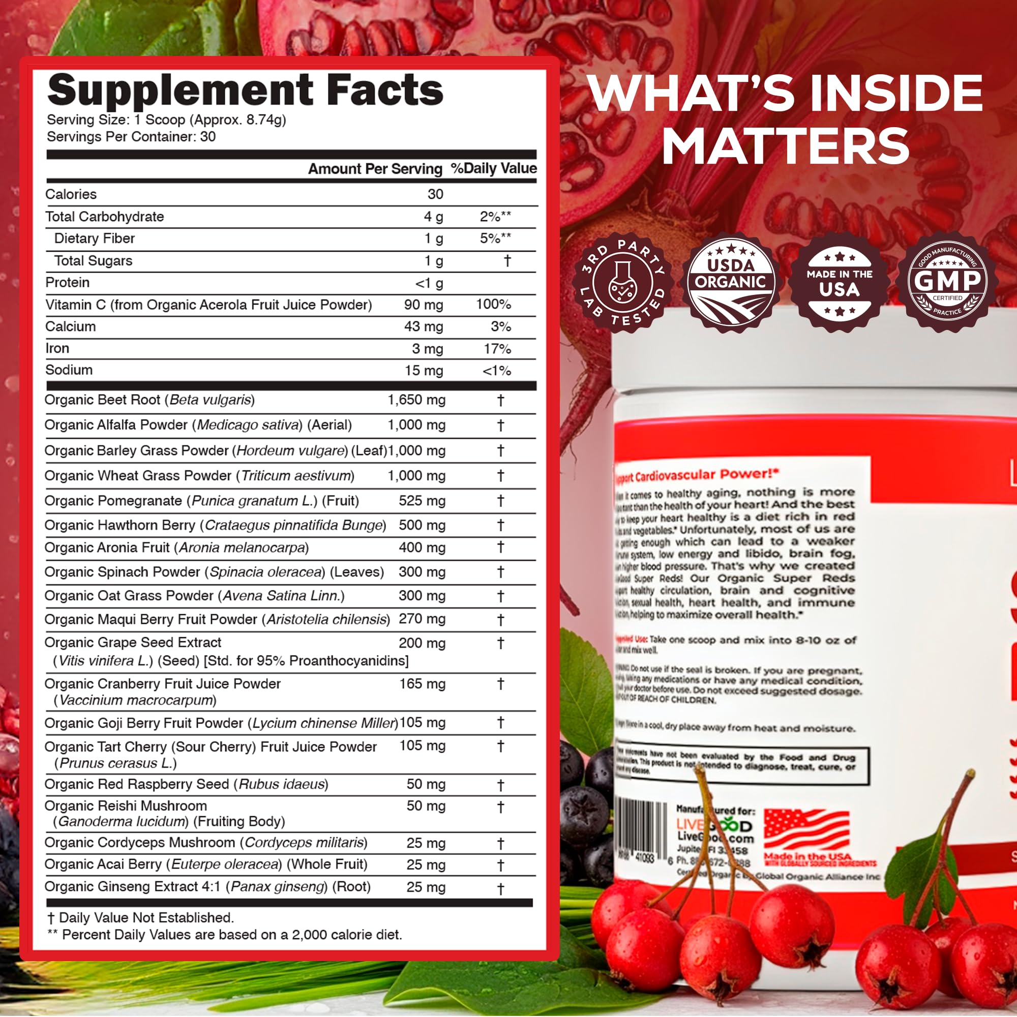 LiveGood Super Reds fruit blend ingredients close-up highlighting a nutrient-dense mix.