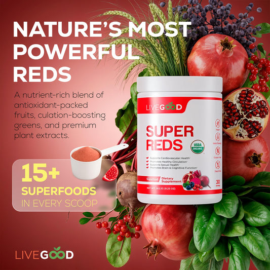 LiveGood Super Reds organic pomegranate powder tub for antioxidant-rich nutrition.