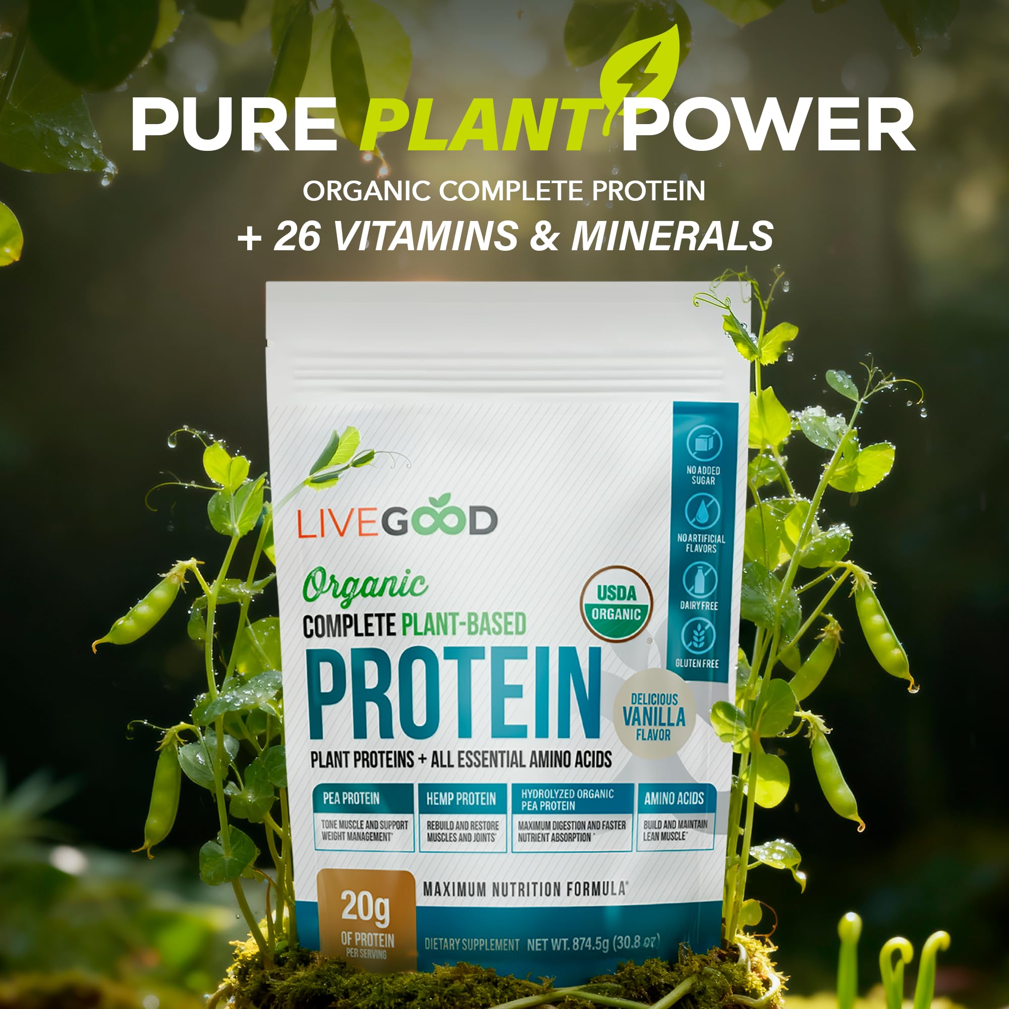 LIVEGOOD vanilla protein scoop ready to mix after a workout.