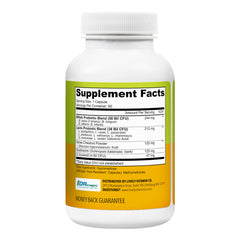 Probiotic capsule close-up emphasizes 100 billion CFU potency for digestion.