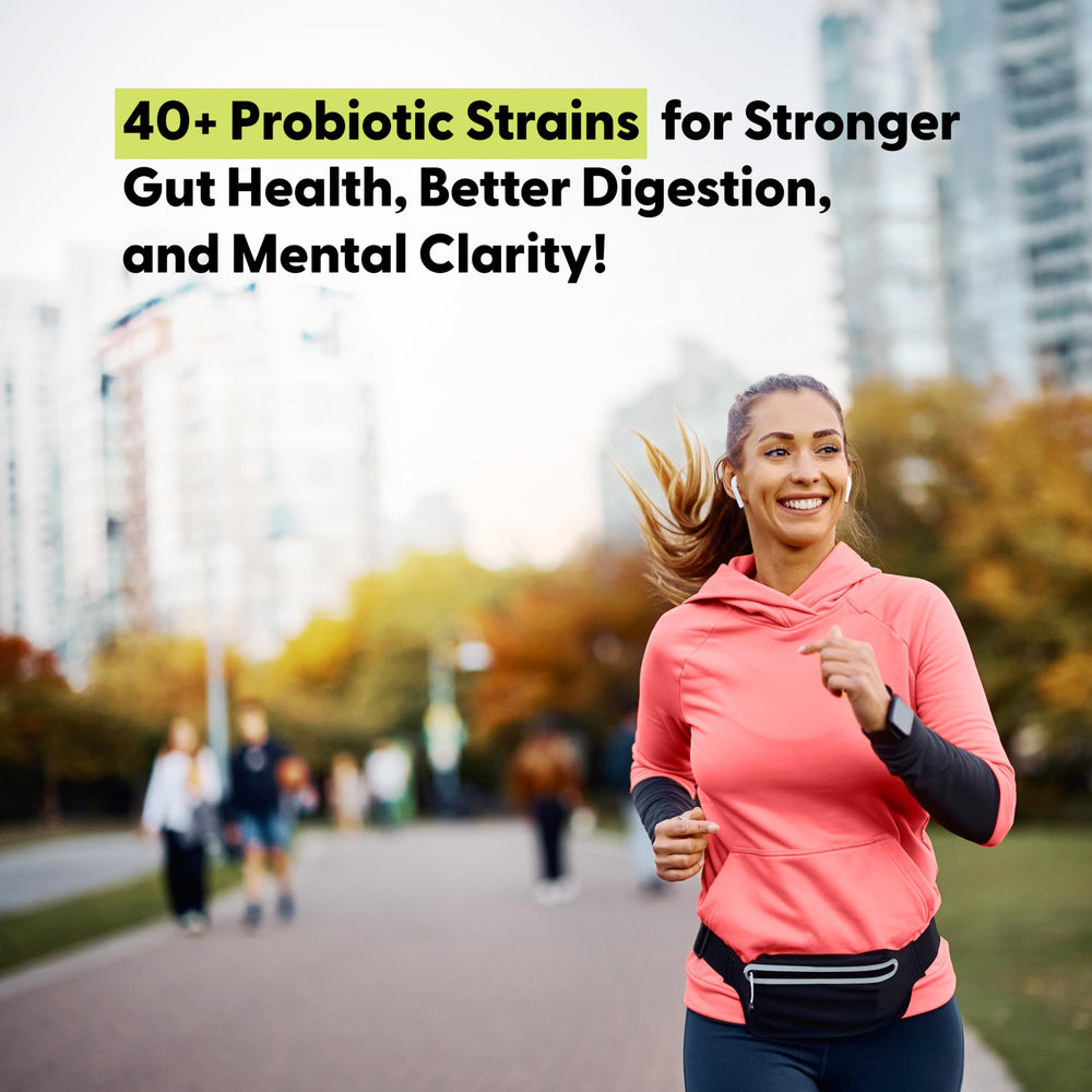 Bottle pouring shot suggests easy daily gut health routine.