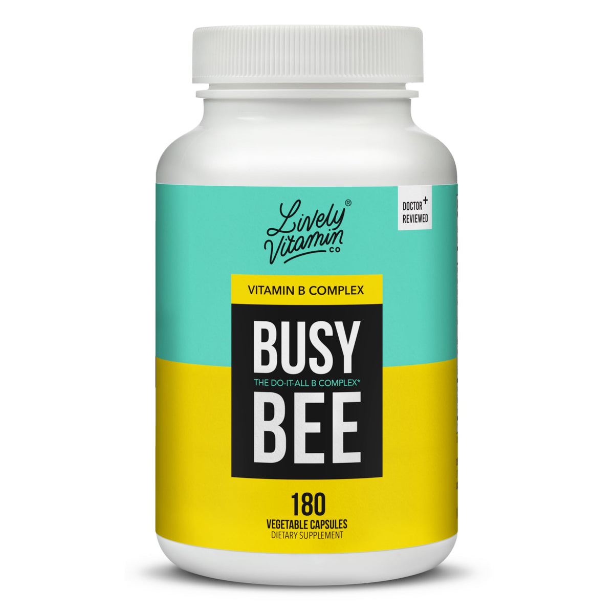 LIVELY VITAMIN CO Busy Bee bottle on a kitchen counter for daily energy support.