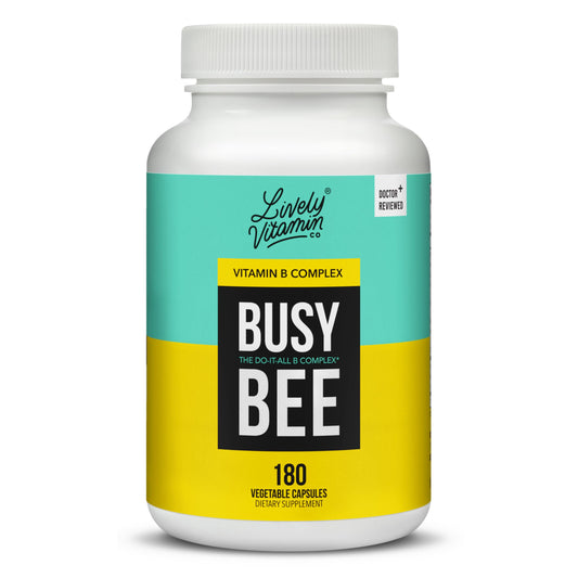 LIVELY VITAMIN CO Busy Bee bottle on a kitchen counter for daily energy support.