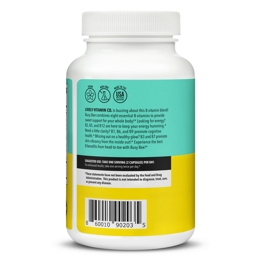 LIVELY VITAMIN CO Busy Bee label front highlighting dairy-free, gluten-free formula.