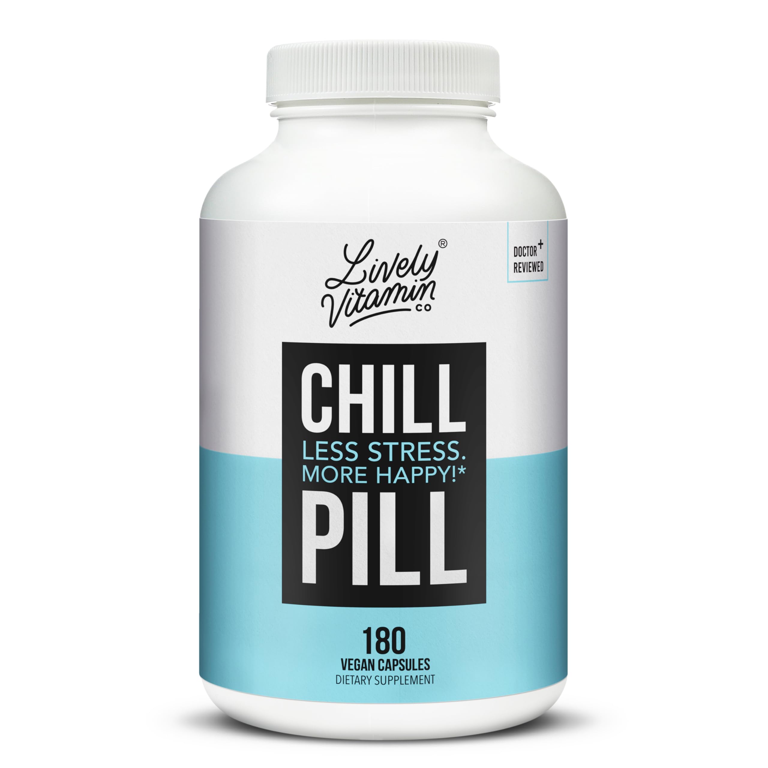 Lively Vitamin Co Chill Pill bottle pouring capsules for calm mood support.