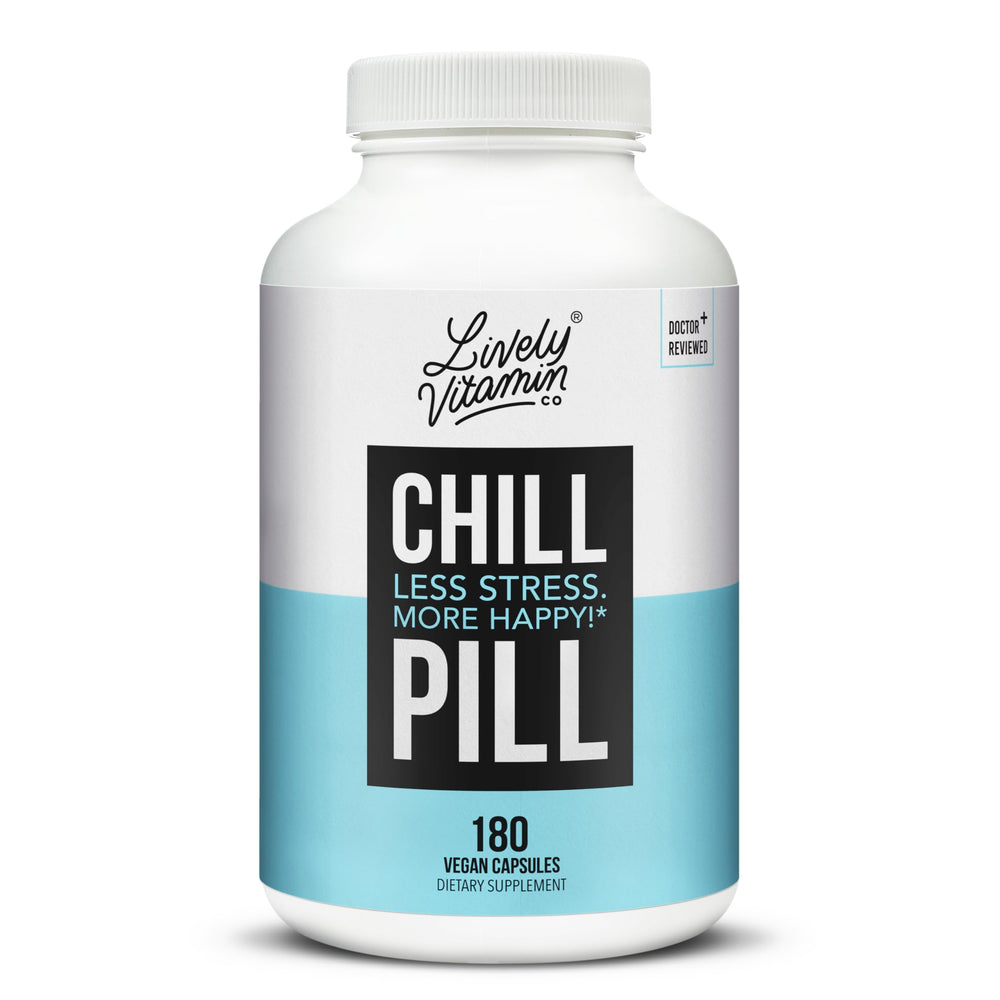 Lively Vitamin Co Chill Pill bottle pouring capsules for calm mood support.