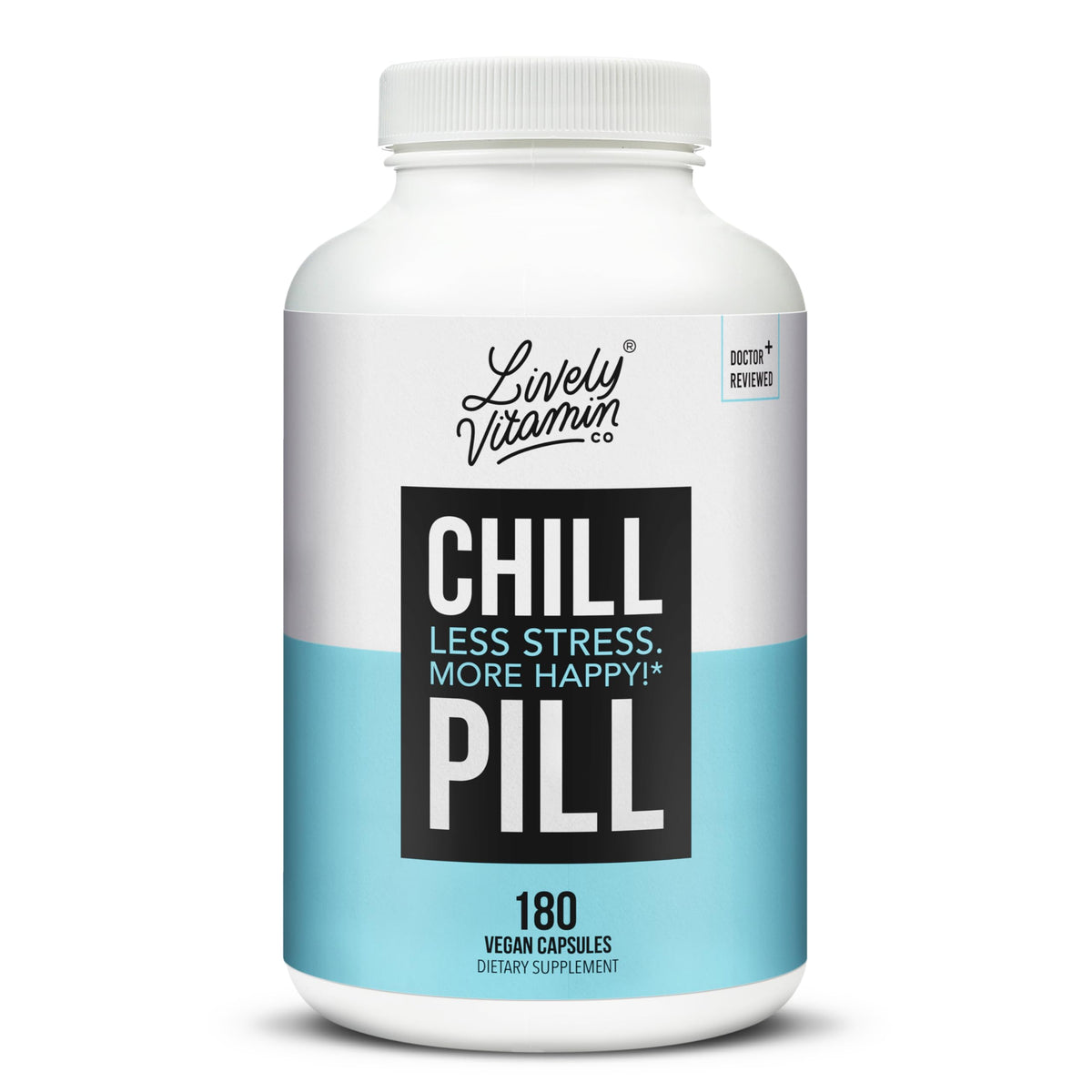 Lively Vitamin Co Chill Pill bottle pouring capsules for calm mood support.