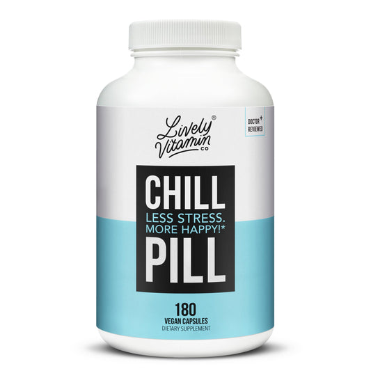 Lively Vitamin Co Chill Pill bottle pouring capsules for calm mood support.