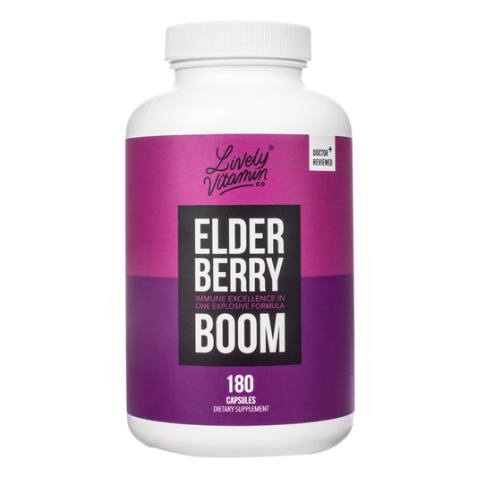 LIVELY VITAMIN CO Elderberry Boom bottle on display for immune support