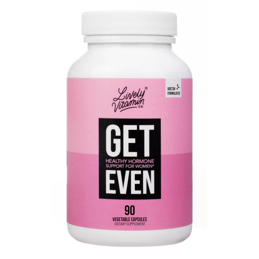 Lively Vitamin Co Get Even bottle showcases the product for daily hormonal balance