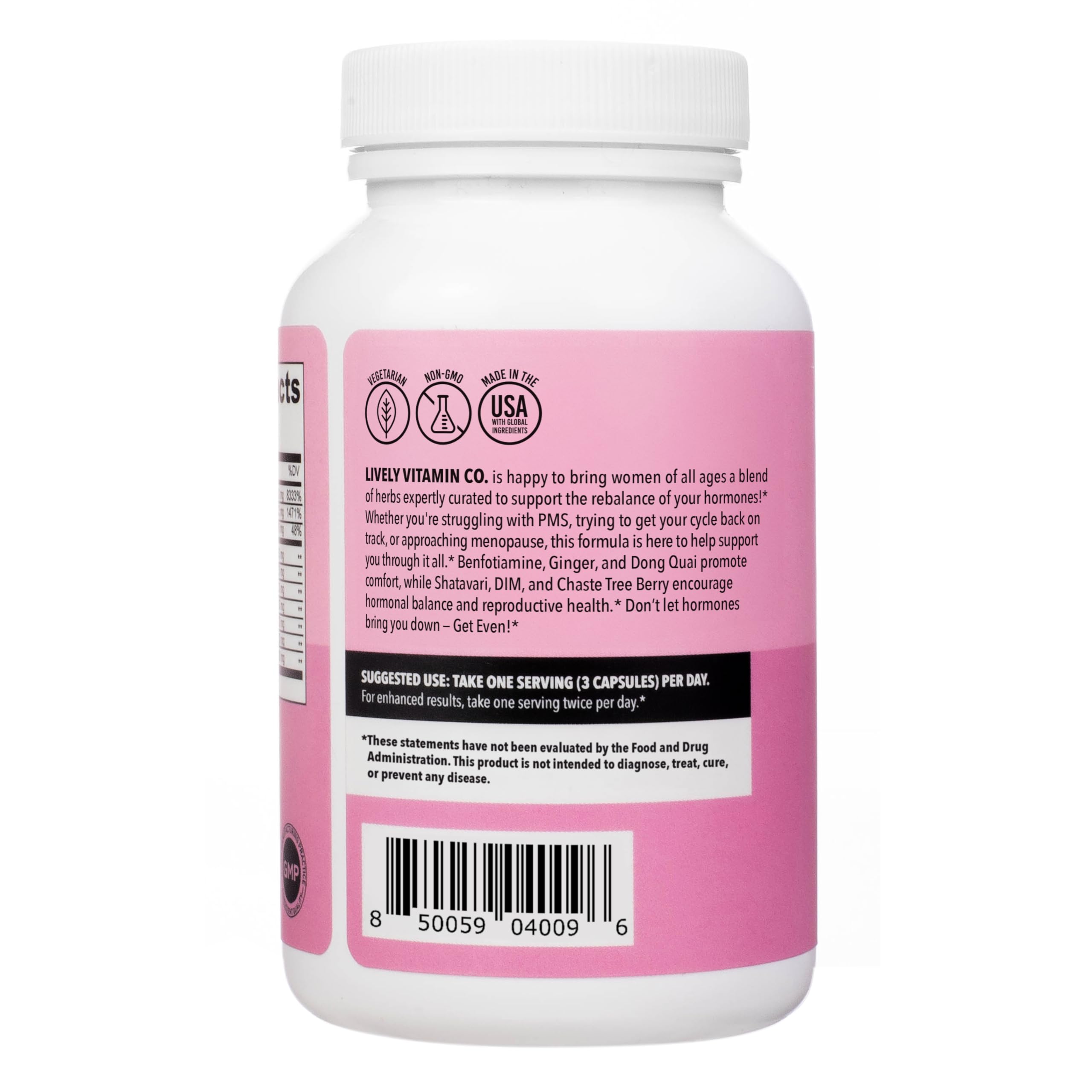 Packaging front of Get Even emphasizes an all-natural formula for hormone balance