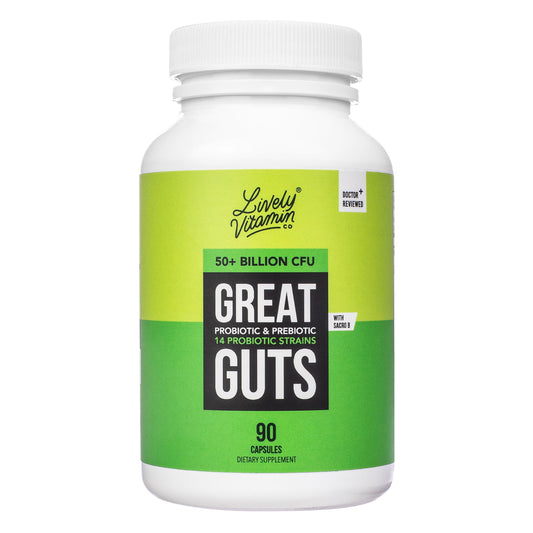 LIVELY VITAMIN CO Great Guts bottle-front supports gut balance with a trusted probiotic blend.