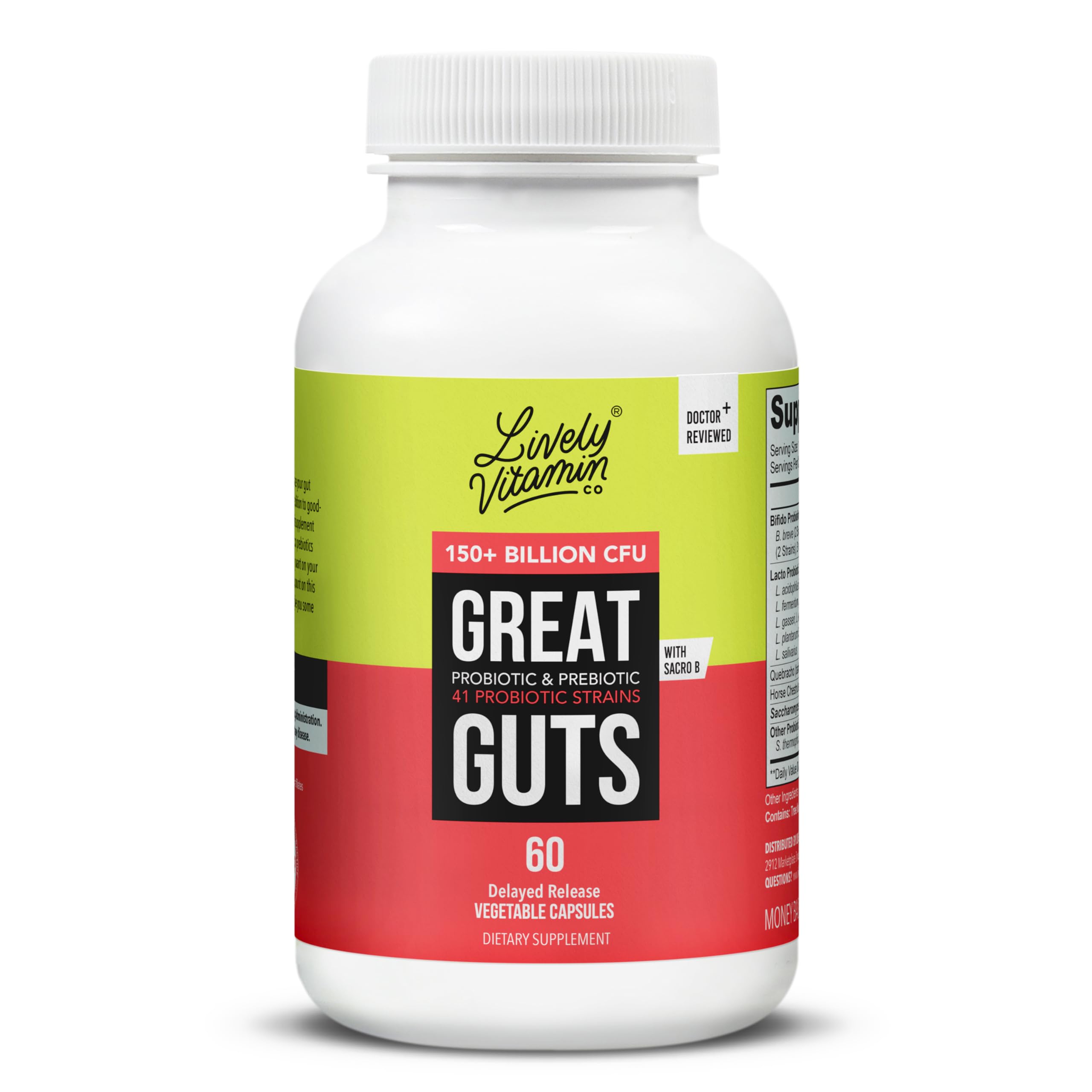 LIVELY VITAMIN CO Great Guts bottle with delayed-release capsules for targeted gut support.