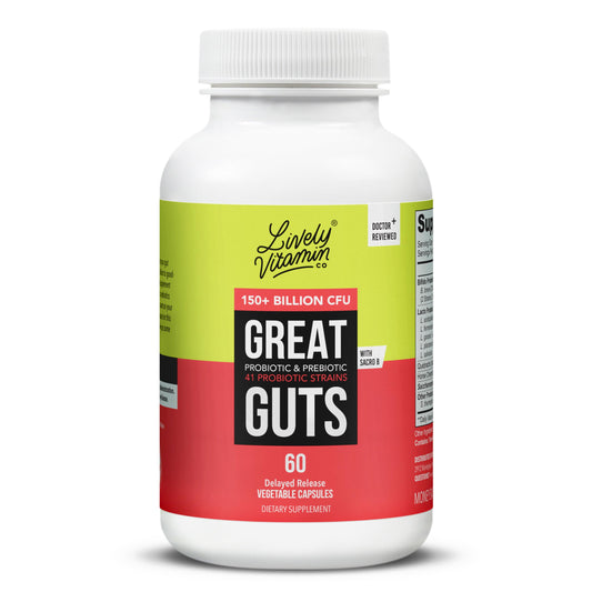 LIVELY VITAMIN CO Great Guts bottle with delayed-release capsules for targeted gut support.