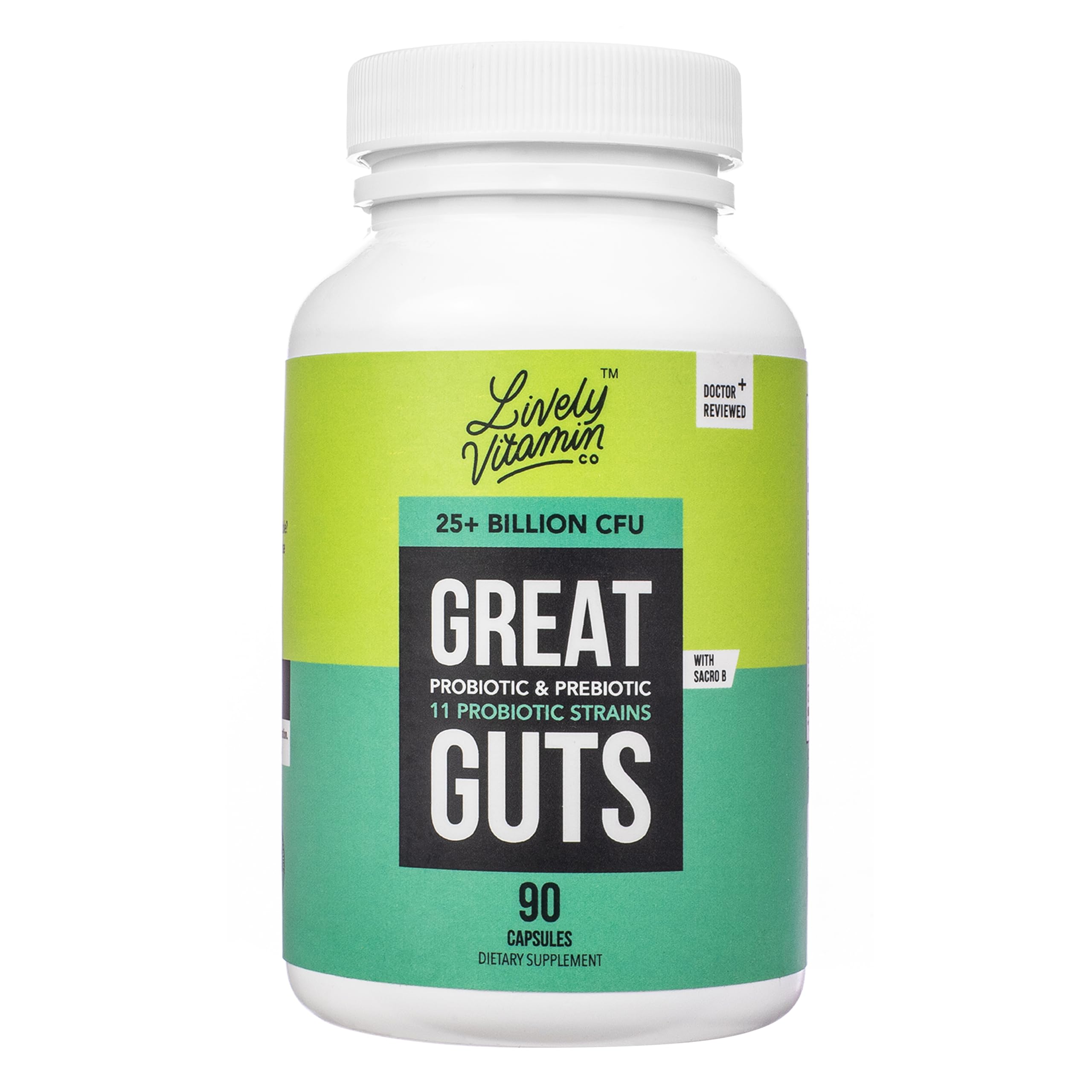 LIVELY VITAMIN CO Great Guts Probiotic bottle with delayed-release capsules supports gut balance.