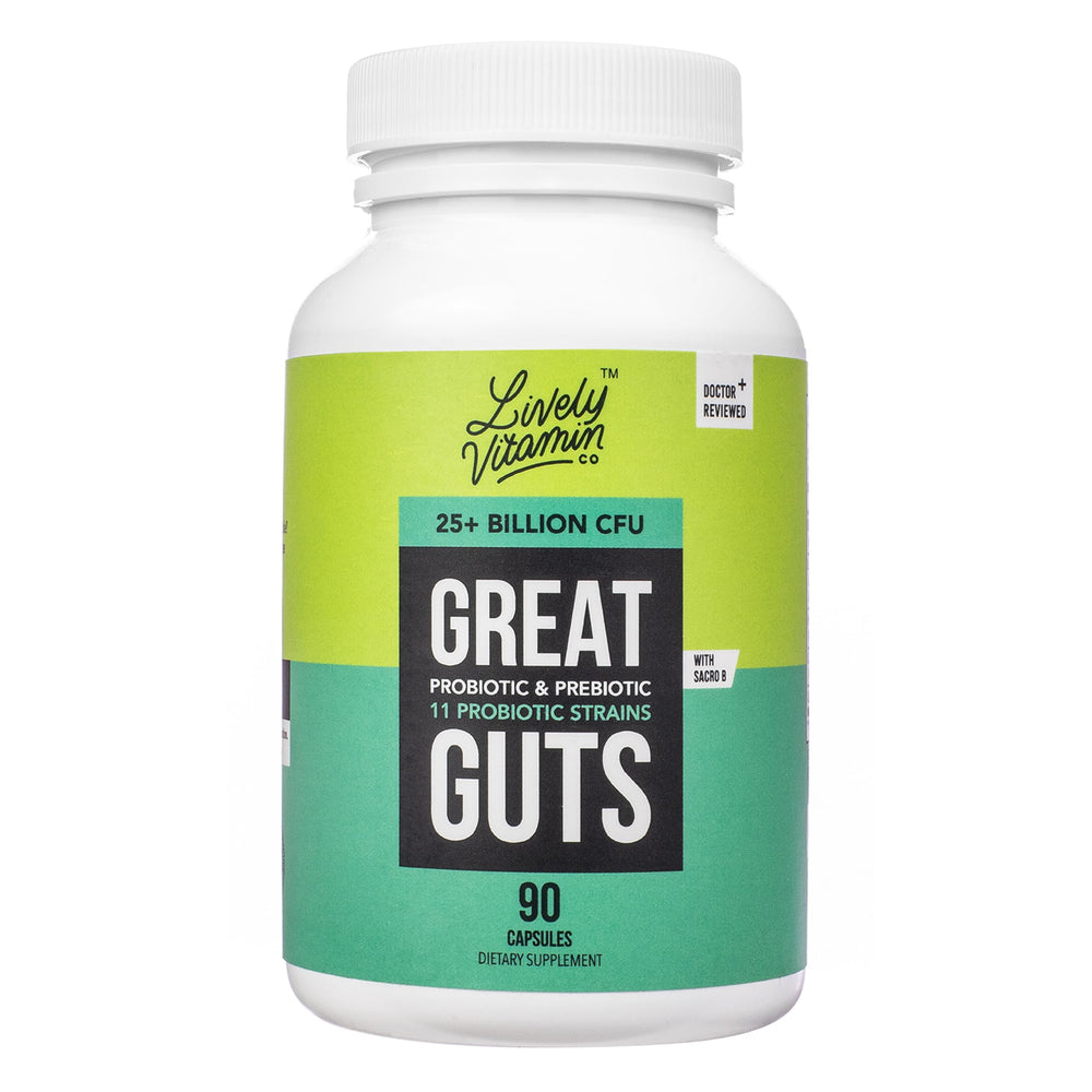 LIVELY VITAMIN CO Great Guts Probiotic bottle with delayed-release capsules supports gut balance.