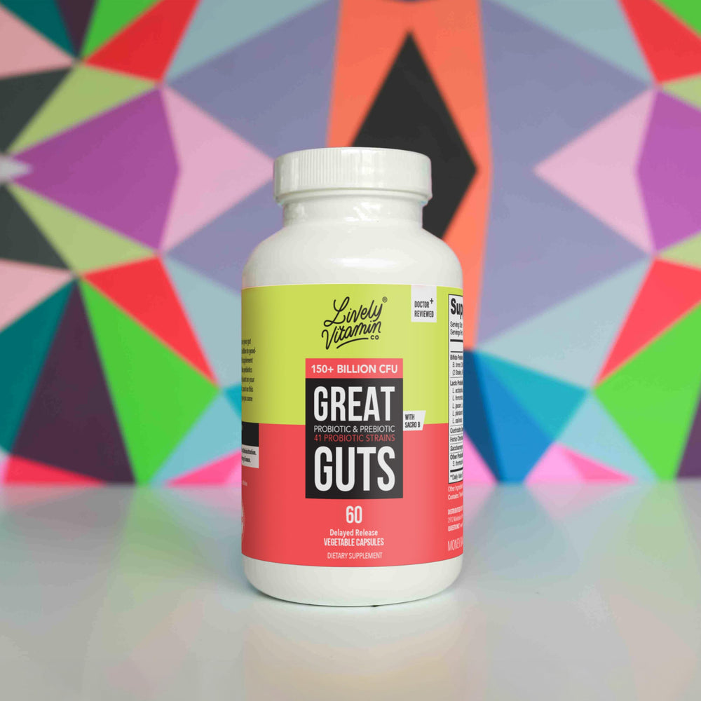 LIVELY VITAMIN CO Great Guts Probiotic bottle showcases packaging standards.