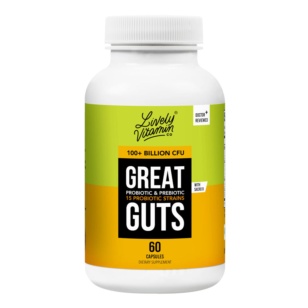 LIVELY VITAMIN CO Great Guts probiotic bottle shows strong gut support and freshness.