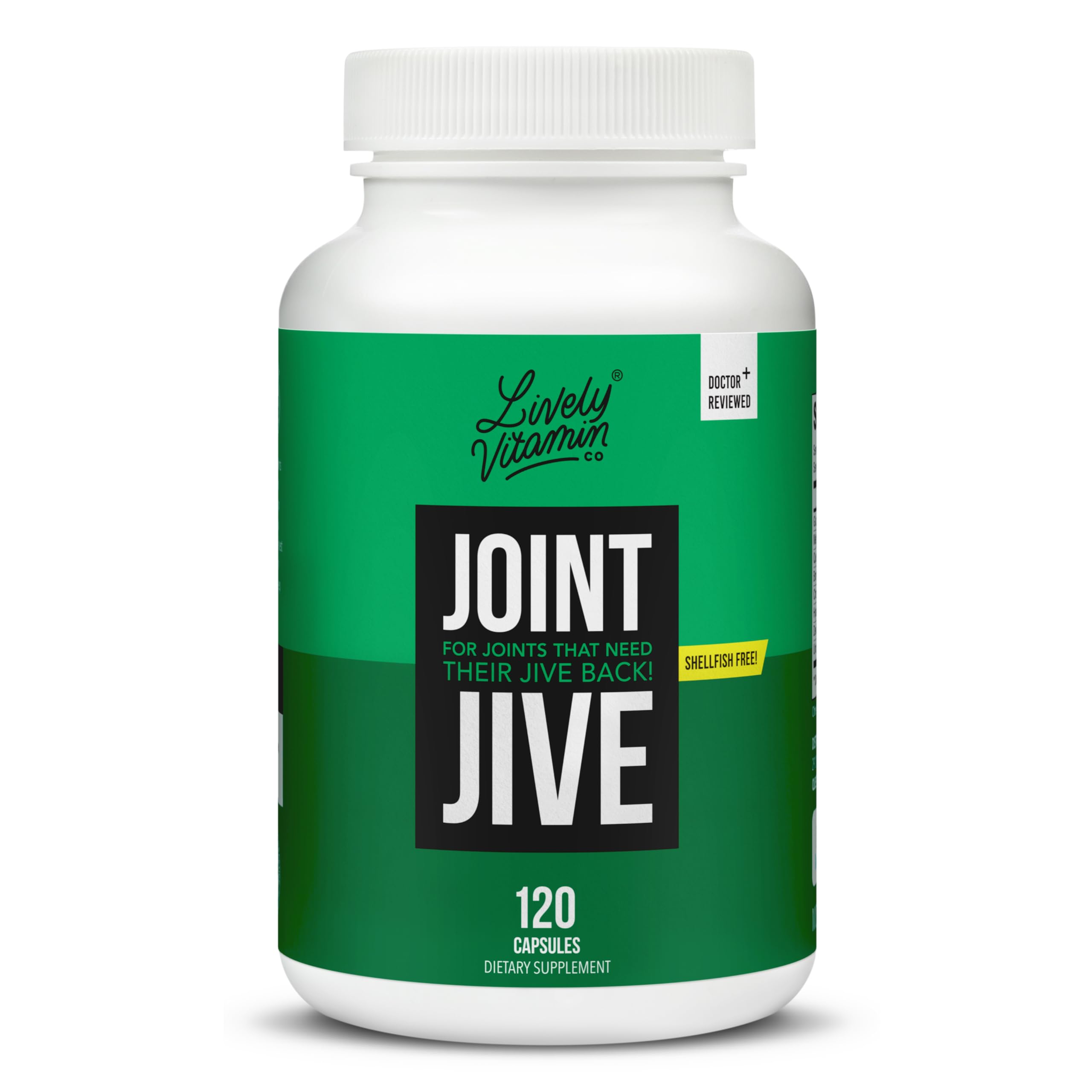 LIVELY VITAMIN CO Joint Jive bottle highlights plant-based joint support.