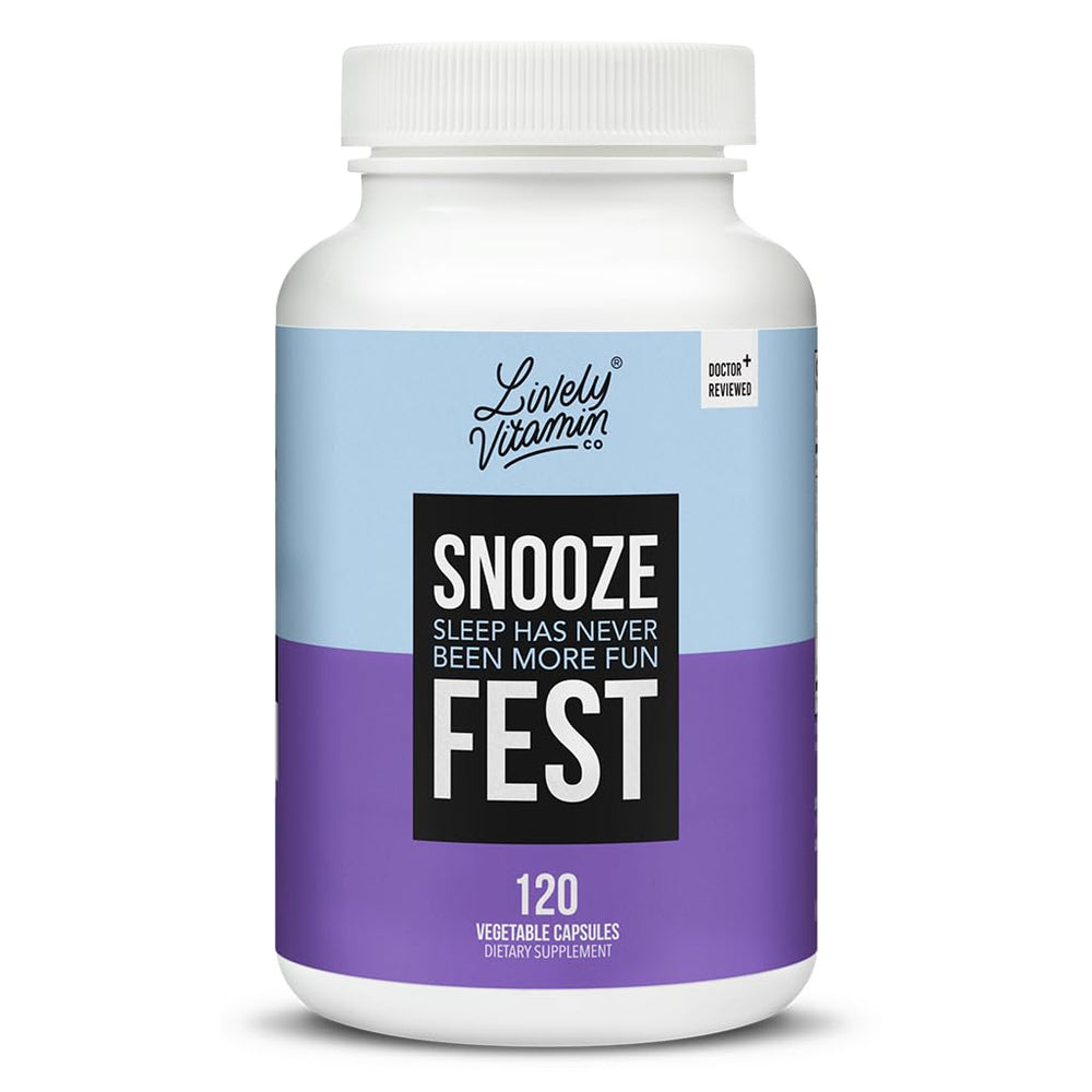 LIVELY VITAMIN CO Snooze Fest bottle on nightstand for calm bedtime rituals