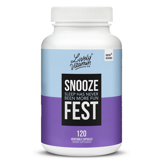 LIVELY VITAMIN CO Snooze Fest bottle on nightstand for calm bedtime rituals