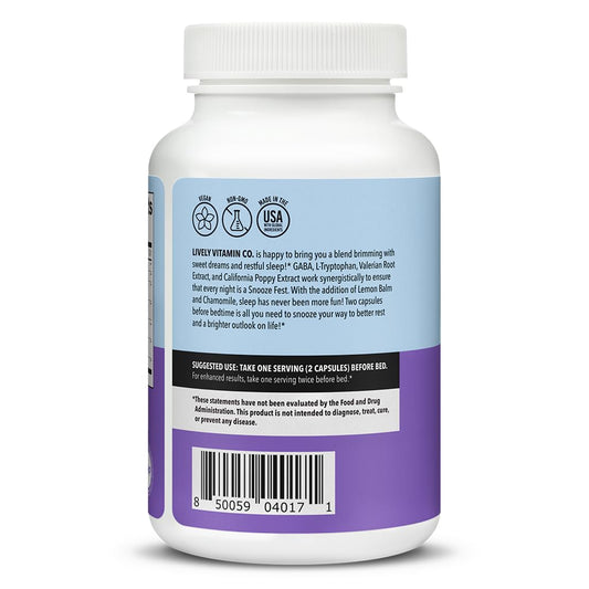 Closeup of Snooze Fest capsules highlighting natural sleep-support ingredients