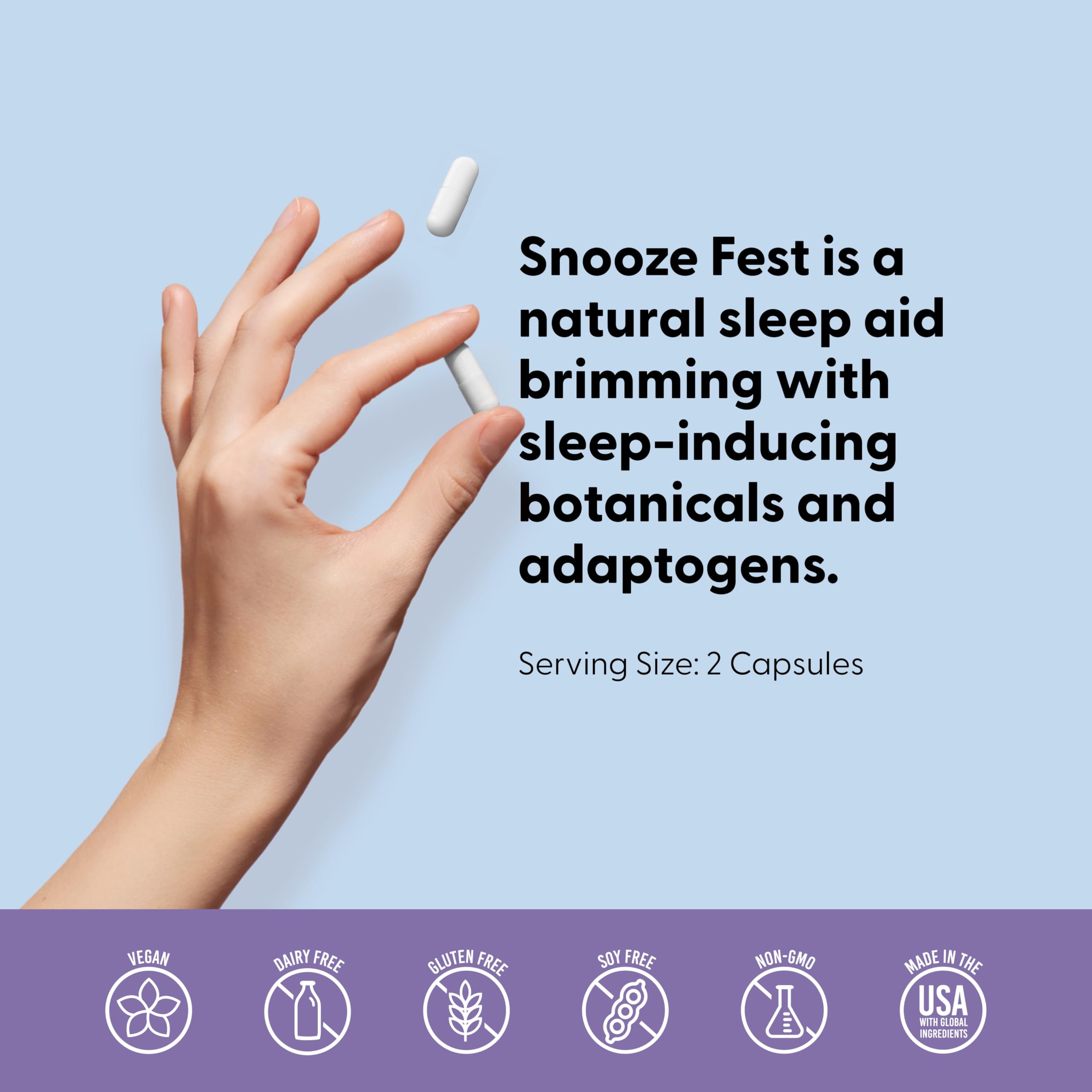 Label closeup shows melatonin and chamomile within Snooze Fest