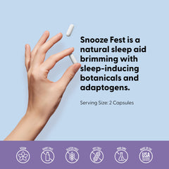 Label closeup shows melatonin and chamomile within Snooze Fest