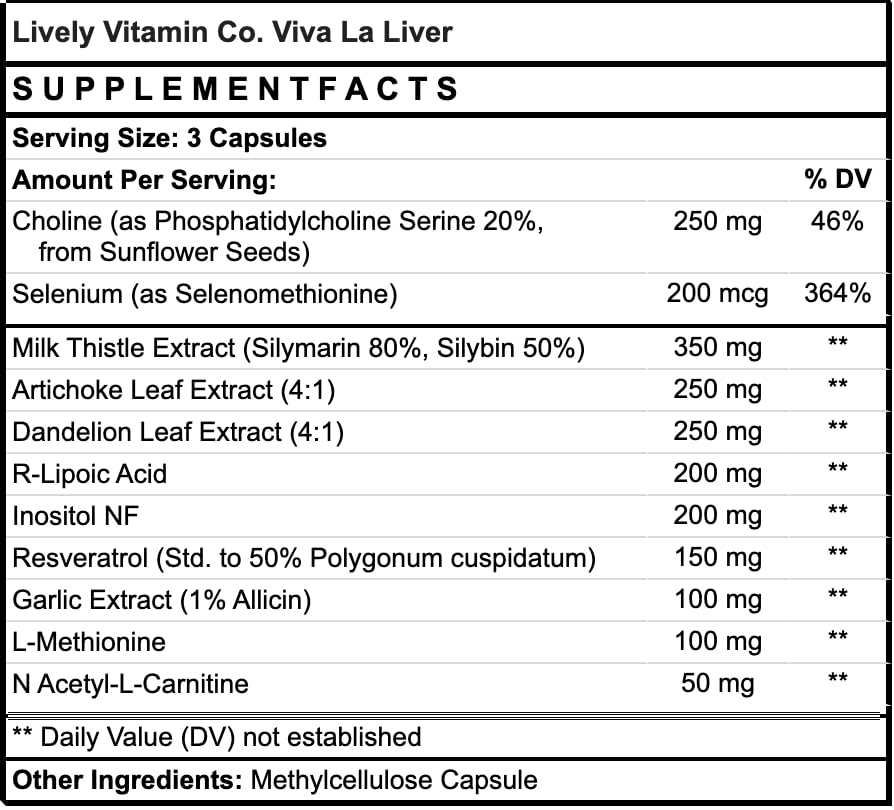 Viva La Liver ingredient blend featuring milk thistle, resveratrol, NAC for liver care.