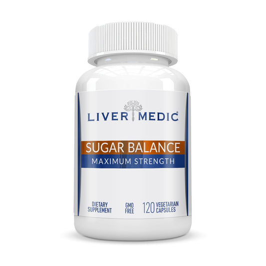 Liver Medic Blood Sugar Complex bottle with capsules for daily energy support.