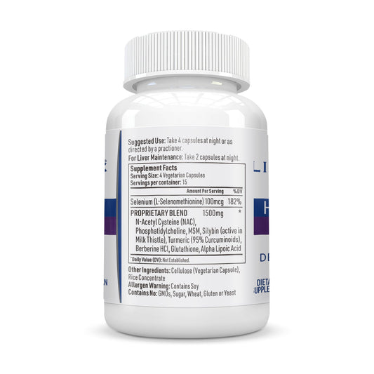Liver Medic Hepatiben ingredients label showing vegan, non-GMO formula.
