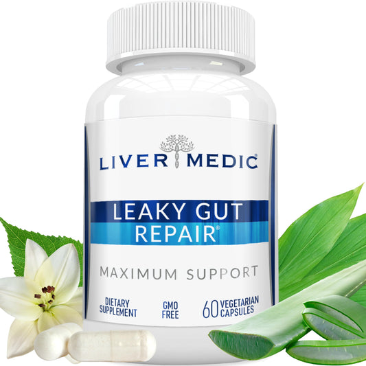 Liver Medic Leaky Gut Repair bottle shows natural gut support for daily comfort.