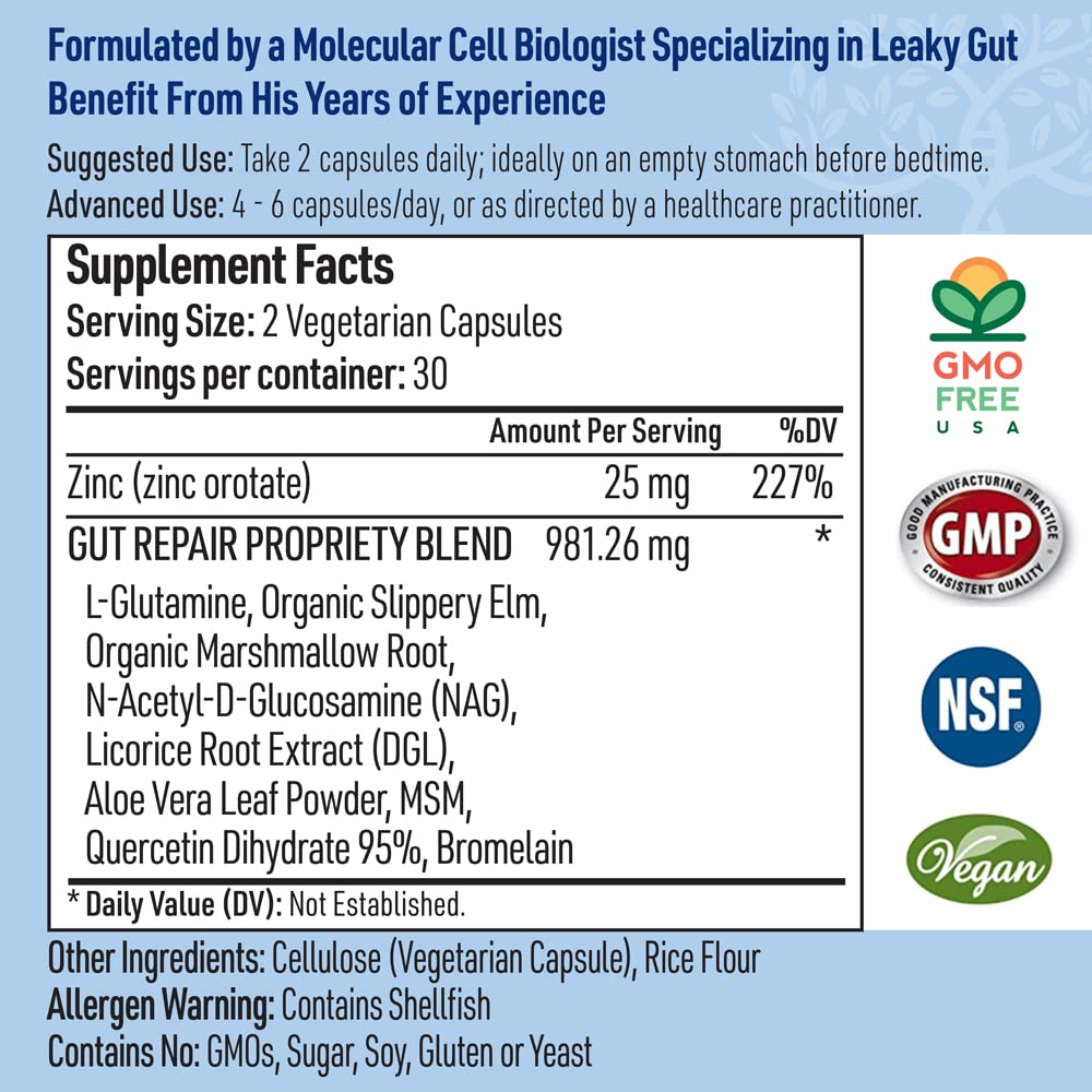 Liver Medic Leaky Gut Repair label closeup highlights plant ingredients for digestive ease.