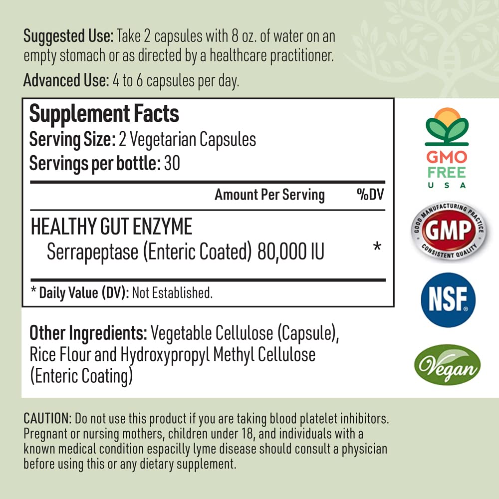 Liver Medic Serrapeptase bottle label shows vegan, non-GMO formula for clean digestion.