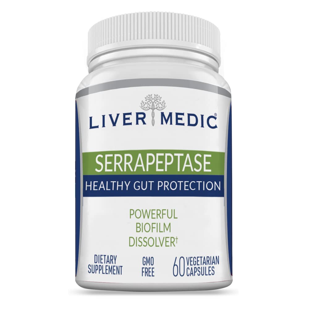 Liver Medic Serrapeptase enteric-coated capsules for enhanced absorption and gut support.