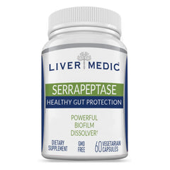 Liver Medic Serrapeptase enteric-coated capsules for enhanced absorption and gut support.