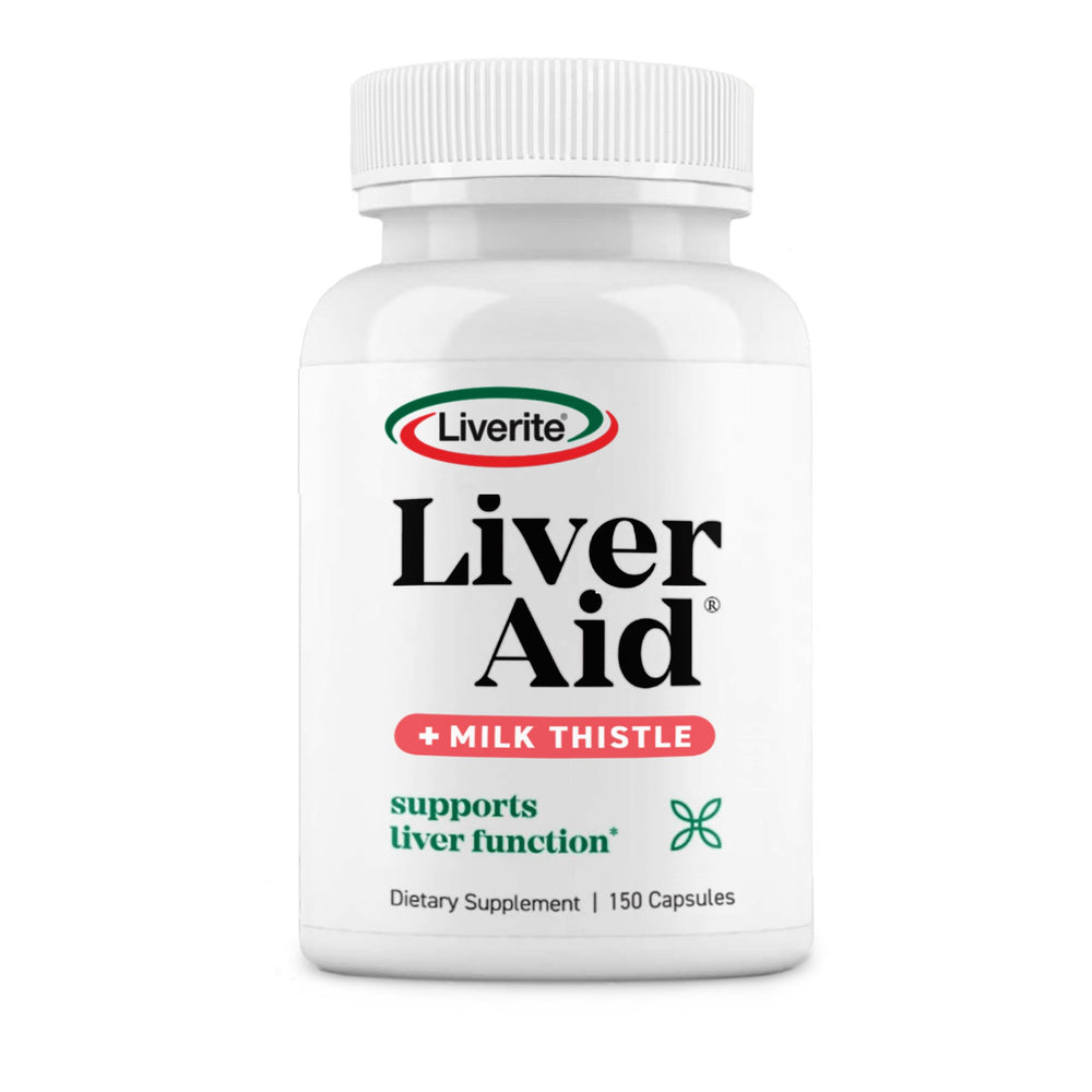LIVERITE Liver Aid bottle with milk thistle capsules resting on a clean surface for daily liver support.