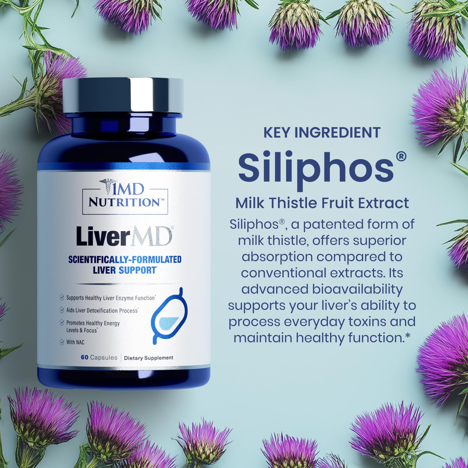 1MD LiverMD bottle with glass suggesting daily routines and routine liver care