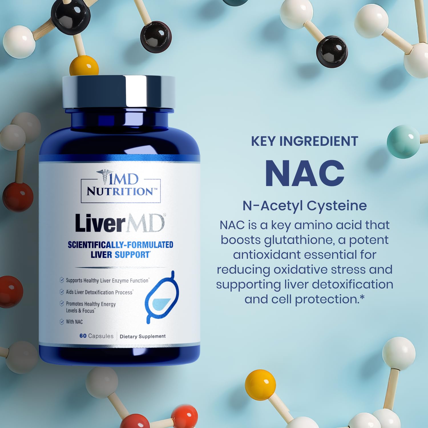 1MD LiverMD label close-up emphasizing Siliphos Silybin and high bioavailability