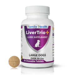 LiverTrio+ large dog chew tablets in a bottle cap for easy daily treats.